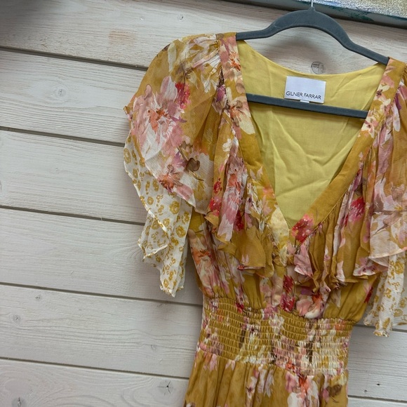 GLINER FARRAR Yellow Plunge Neck Flutter Sleeve Mini Dress Size Small - Picture 2 of 7